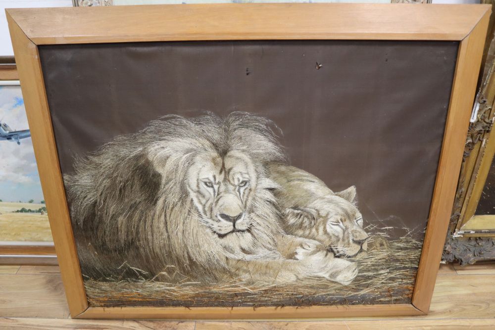 After Herbert Dicksee, silkwork panel, Lions, 66 x 86cm